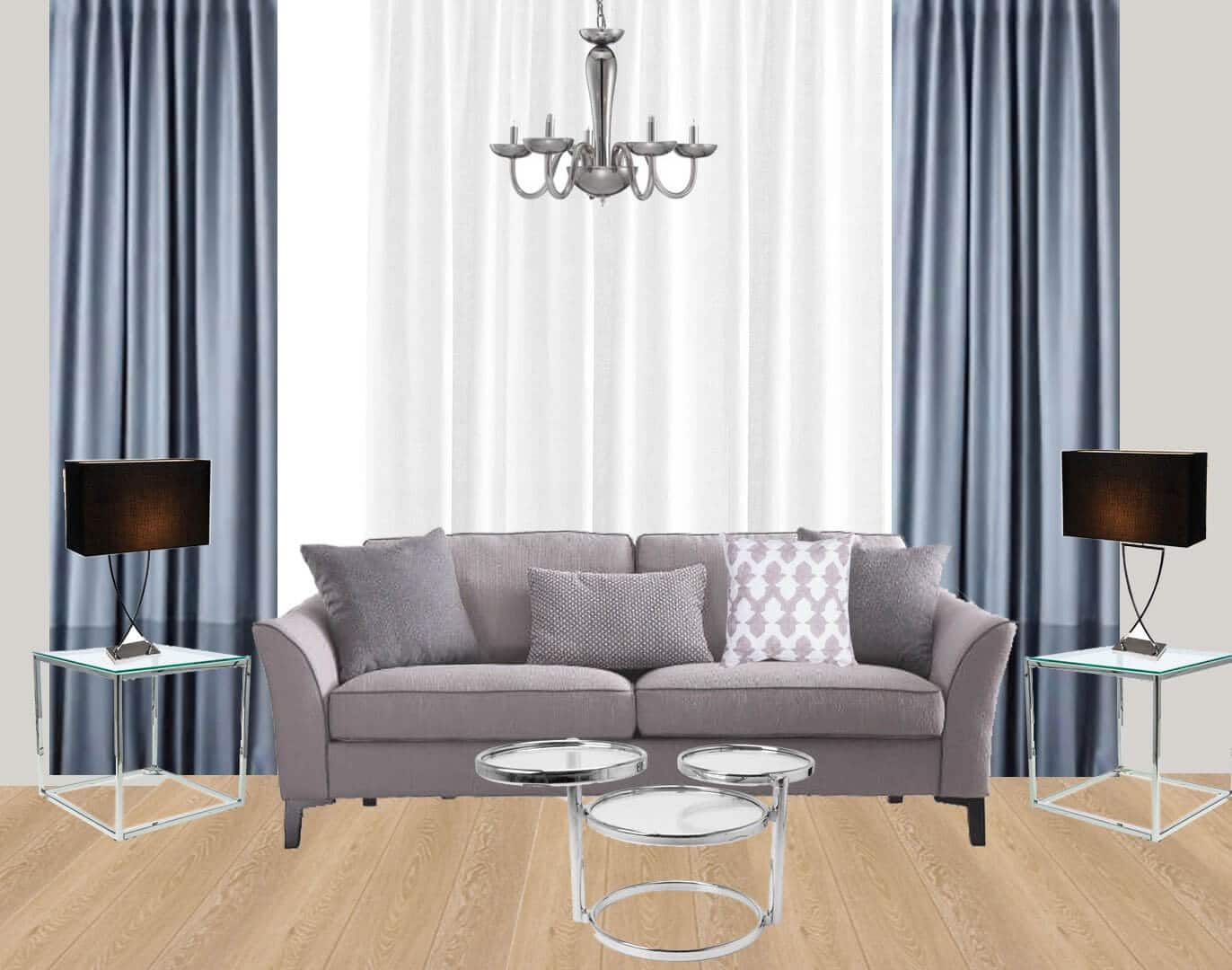 Коллаж концепции дизайна интерьера гостиной с диваном и столом от Елены Калью